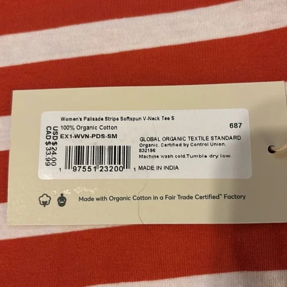 Pact Softspun V-Neck Tee in Palisade (Red-Orange & White Stripes). Size S. NWT - Picture 6 of 9